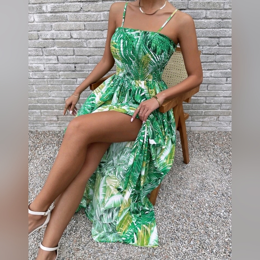 New Tropical Floral Print Maxi Stretch Cami Tube Top Dress Green Lime White - Picture 4 of 8